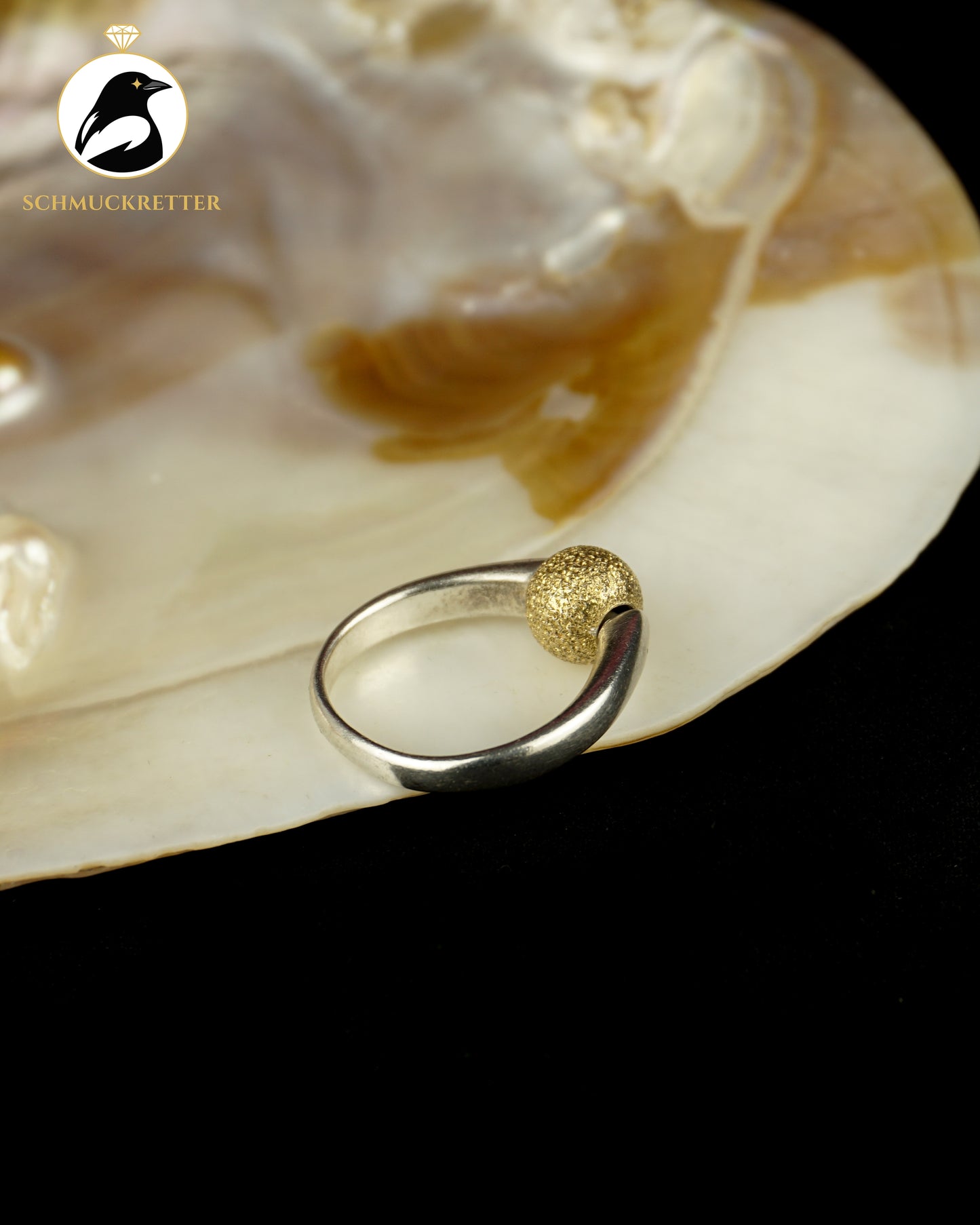 925 Silber Spielring mit beweglicher, goldener Kugel, Gr. 58