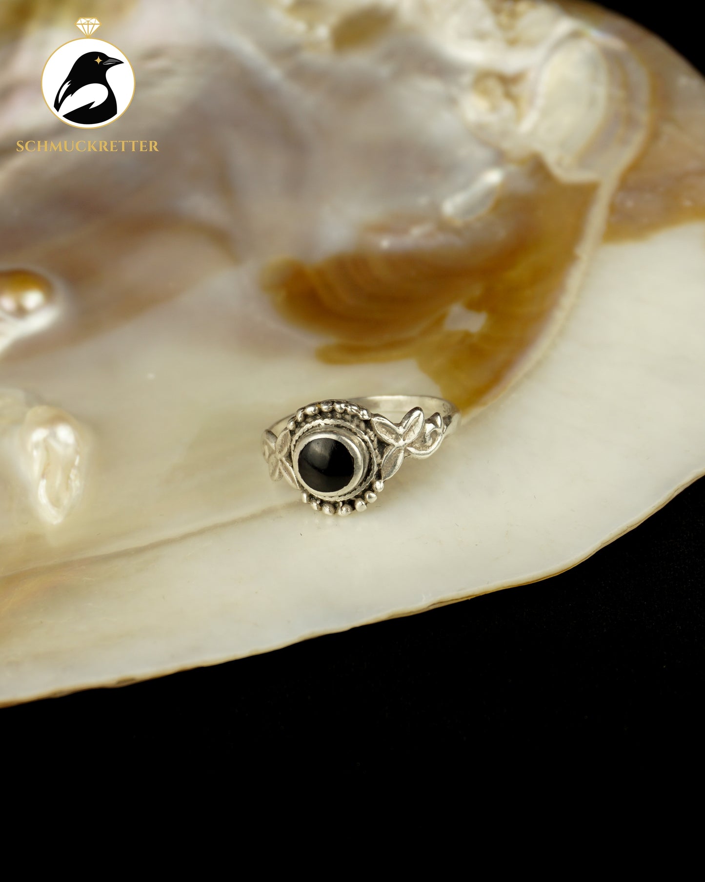 Verzierter 925 Silber Ring mit schwarzer Emaille, Gr. 56