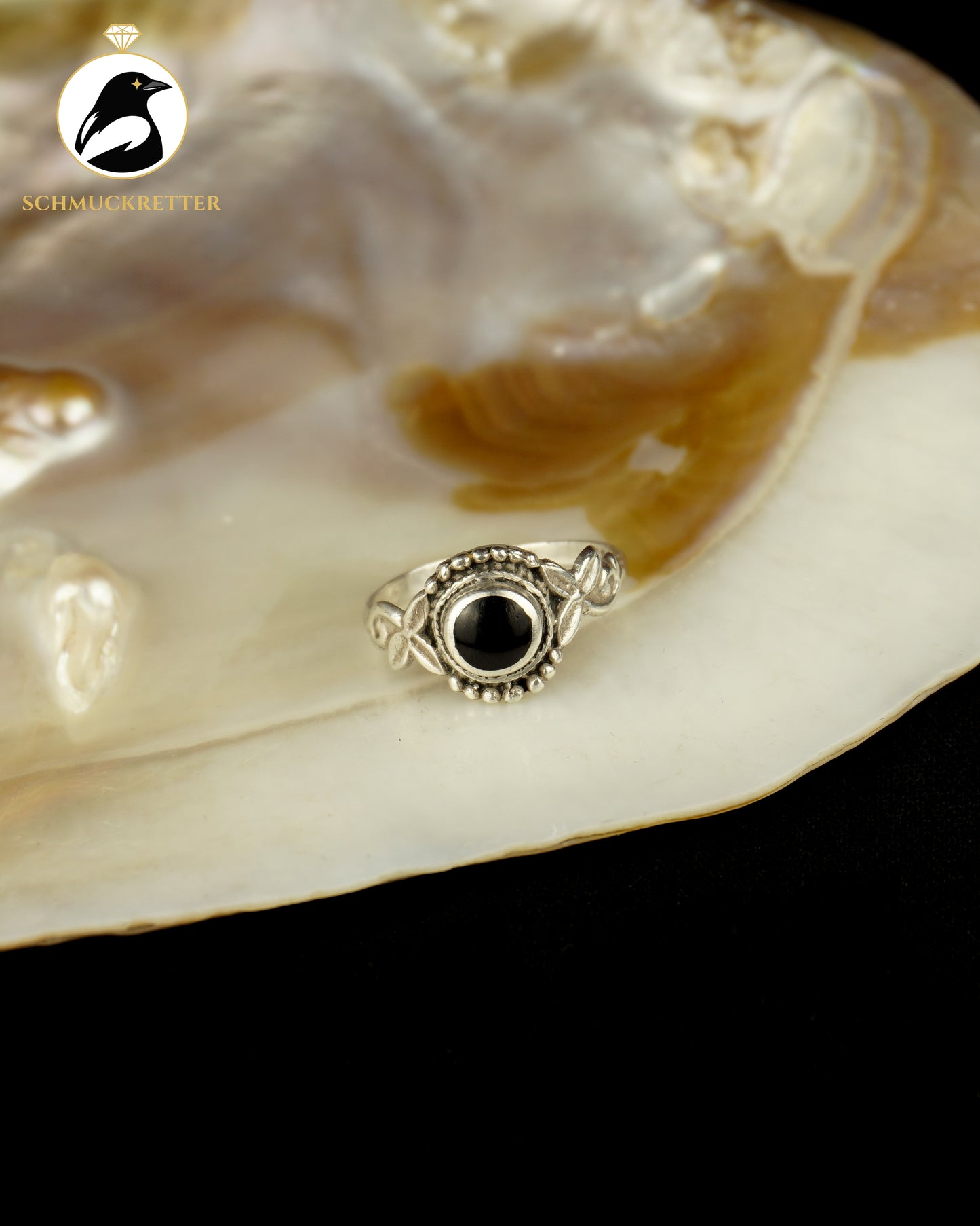 Verzierter 925 Silber Ring mit schwarzer Emaille, Gr. 56