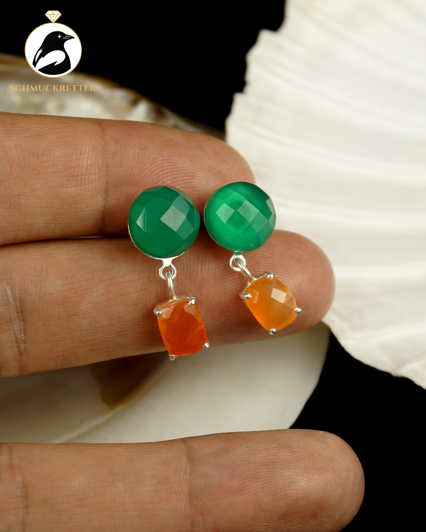 Orangenhain — Ohrringe mit Karneol und grünem Onyx, 925 Silber