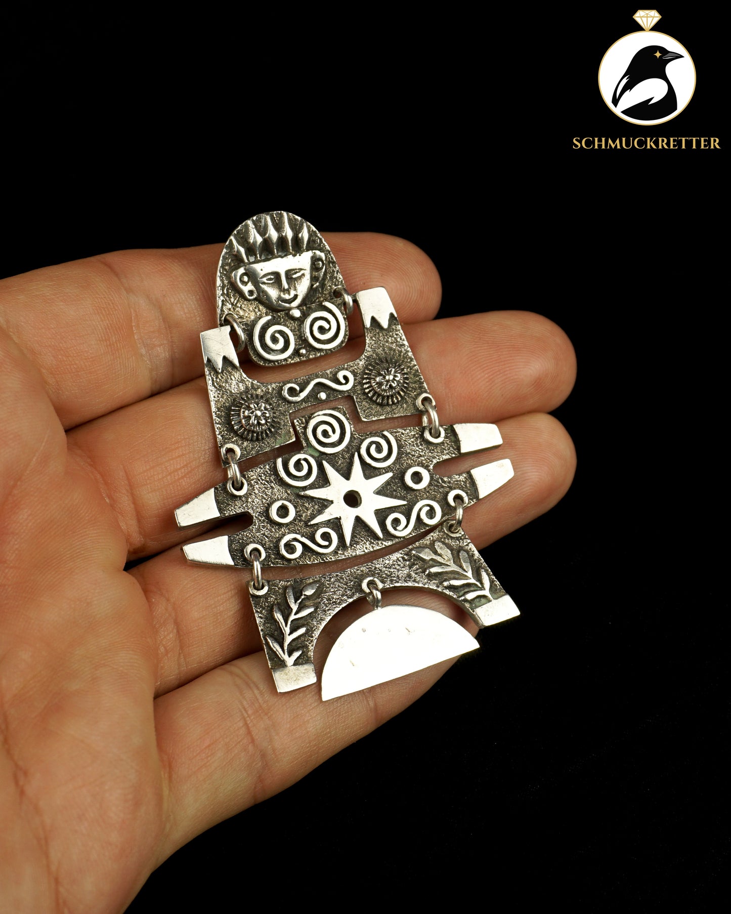 Großer Ecuador Anhänger 900 Silber - bewegliche Figur, präkolumbianisches Motiv