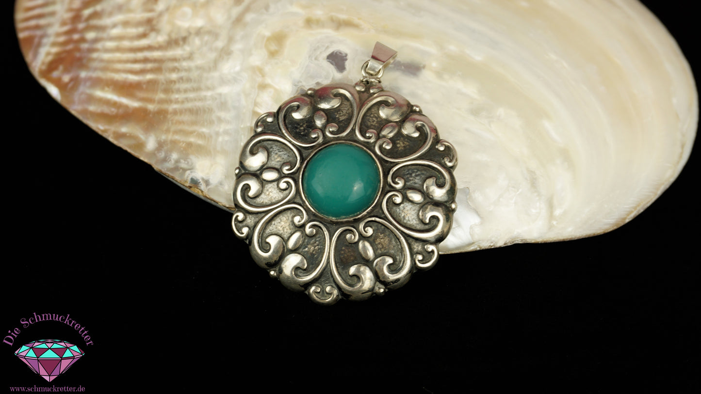 Großer 800 Silber Jugendstil Anhänger mit grünem Schmuckstein, um 1900-1910, SALE