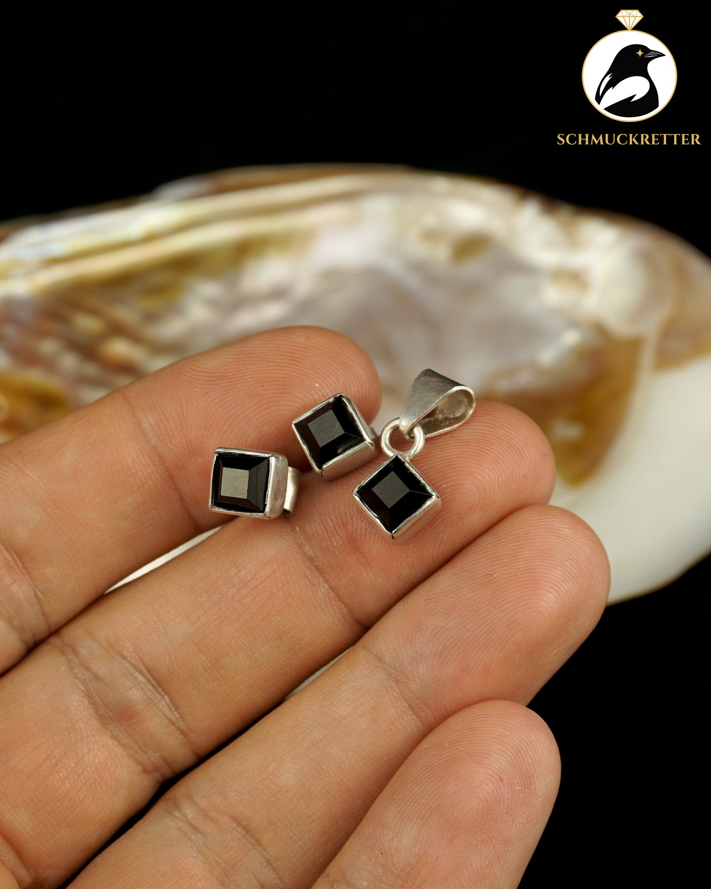 Eckiges Obsidian-Set aus 1000 Silber, Lateinamerika