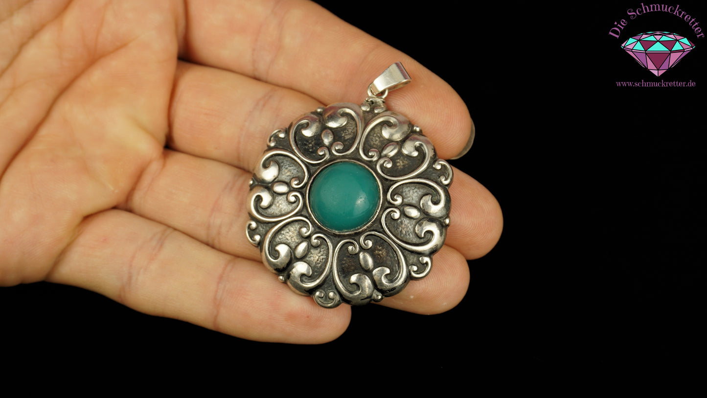 Großer 800 Silber Jugendstil Anhänger mit grünem Schmuckstein, um 1900-1910, SALE