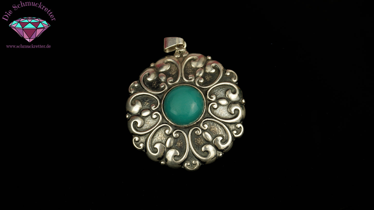 Großer 800 Silber Jugendstil Anhänger mit grünem Schmuckstein, um 1900-1910, SALE