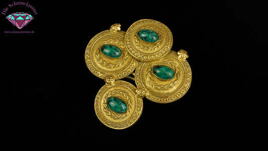 Originale Jugendstil Gewandspange / Fibel aus Messing mit grünen Schmucksteinen, um 1900