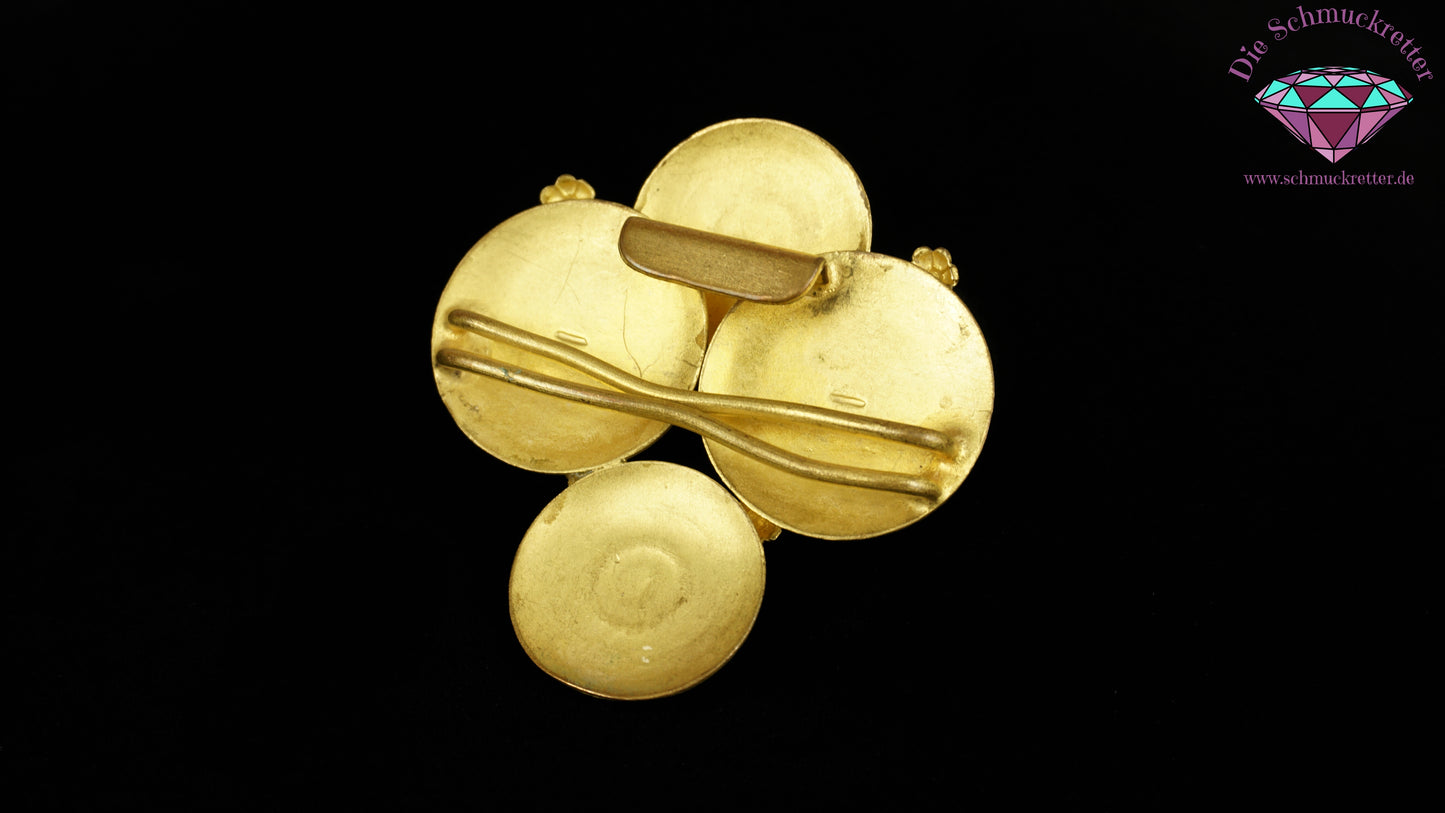 Originale Jugendstil Gewandspange / Fibel aus Messing mit grünen Schmucksteinen, um 1900, SALE