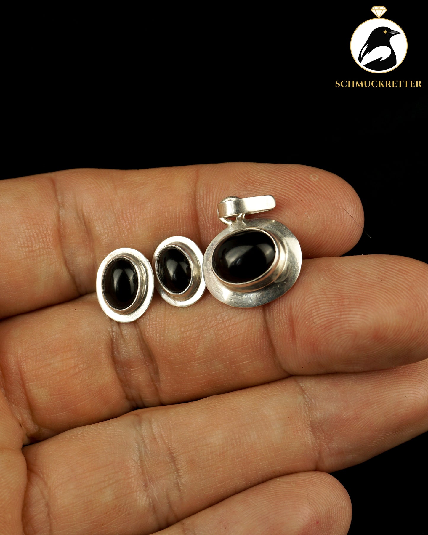 Oval gearbeitetes Onyx-Schmuckset aus 925 Silber, Lateinamerika