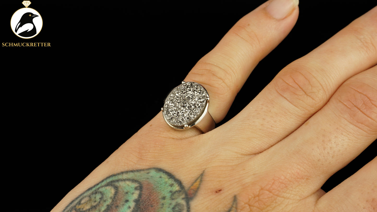 Ring aus 925 Silber mit glitzernder Achat-Druse, Gr. 50, SALE