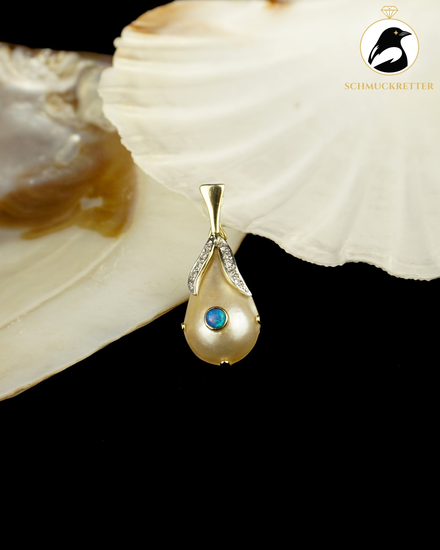 Ozeanträne - Anhänger mit Vollopal, Diamanten & Perle - gefertigt aus 585 Gelbgold