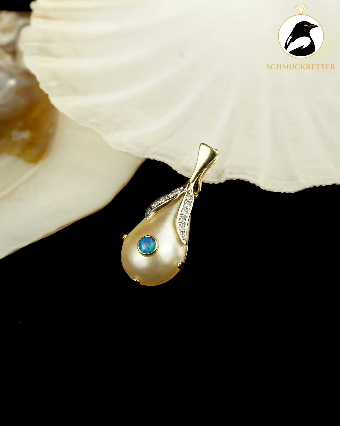 Ozeanträne - Anhänger mit Vollopal, Diamanten & Perle - gefertigt aus 585 Gelbgold