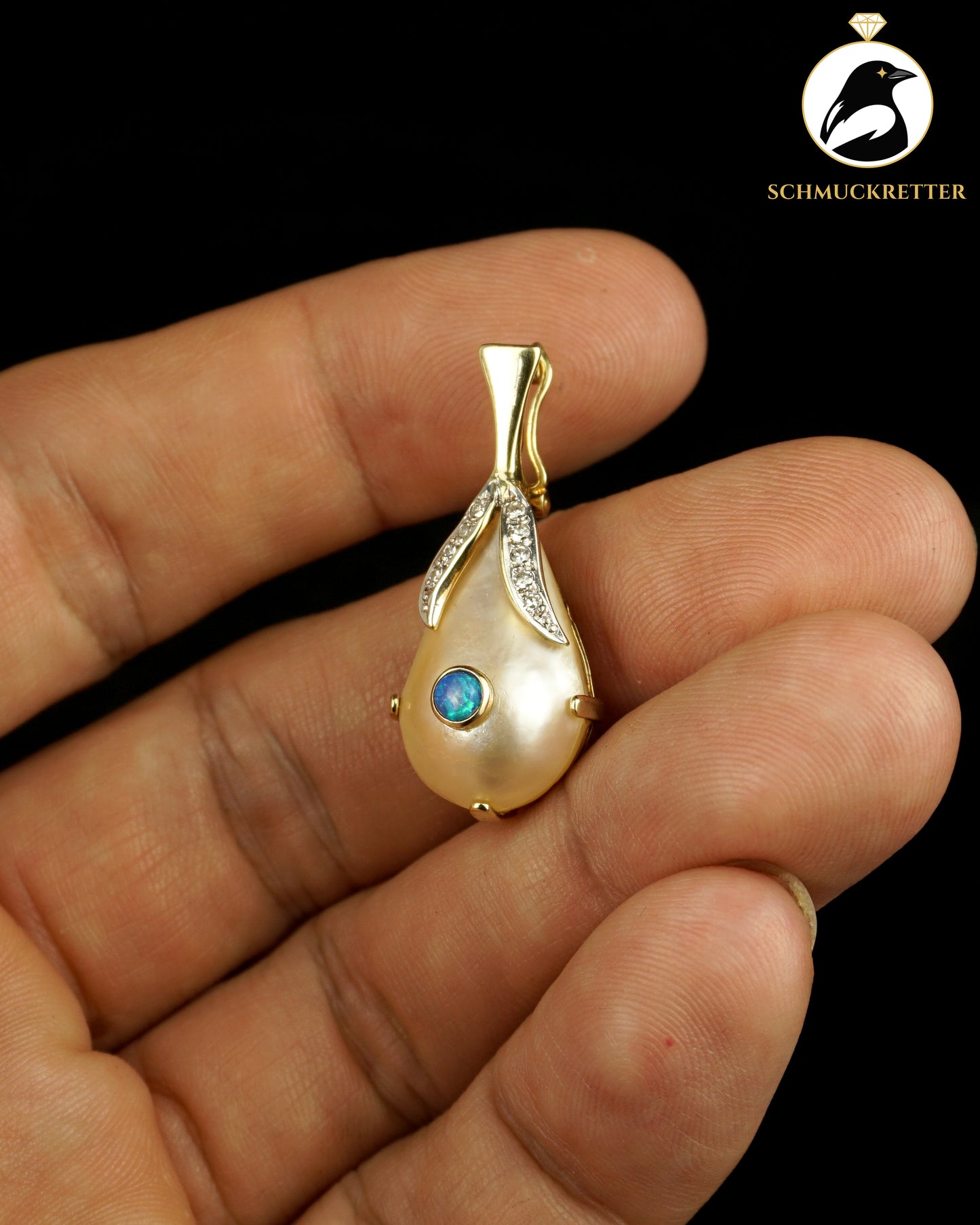 Ozeanträne - Anhänger mit Vollopal, Diamanten & Perle - gefertigt aus 585 Gelbgold