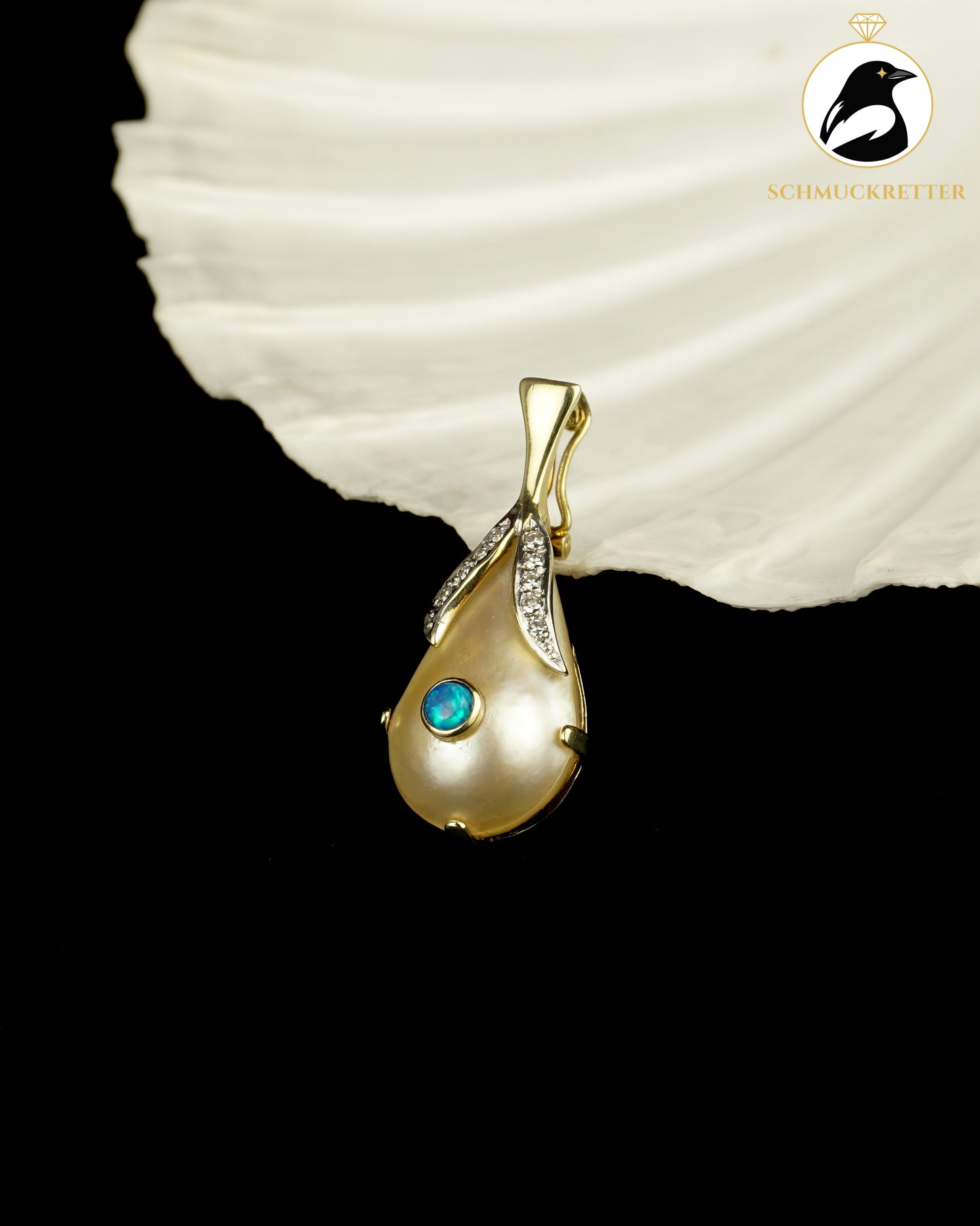 Ozeanträne - Anhänger mit Vollopal, Diamanten & Perle - gefertigt aus 585 Gelbgold