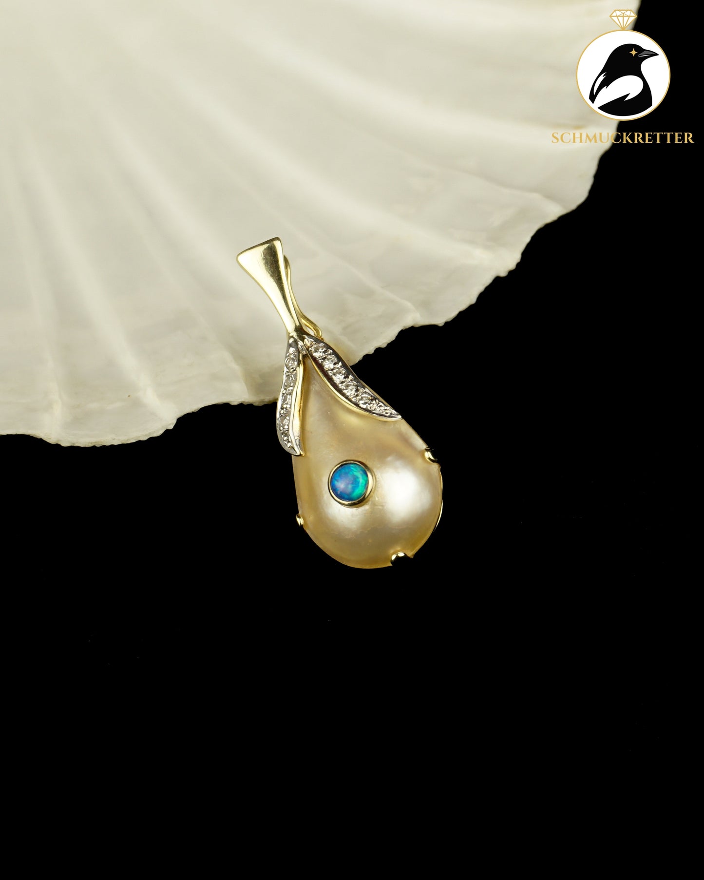 Ozeanträne - Anhänger mit Vollopal, Diamanten & Perle - gefertigt aus 585 Gelbgold