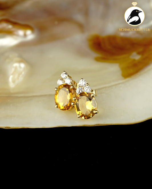Citrin Ohrstecker aus 585 Gelbgold mit Zirkonia