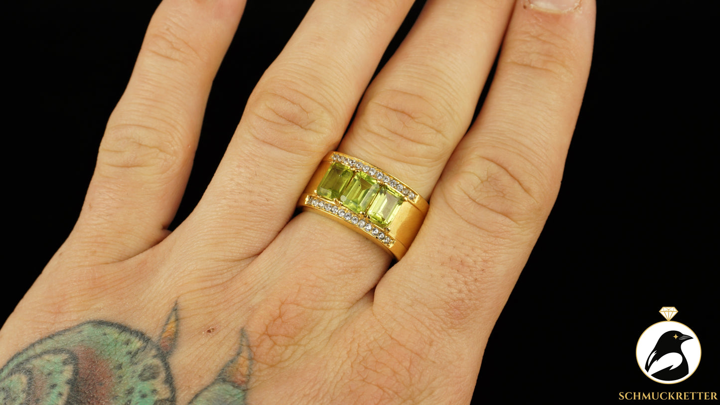 Breiter Ring aus vergoldetem 316 Edelstahl mit Peridot und Zirkonia, Gr. 60