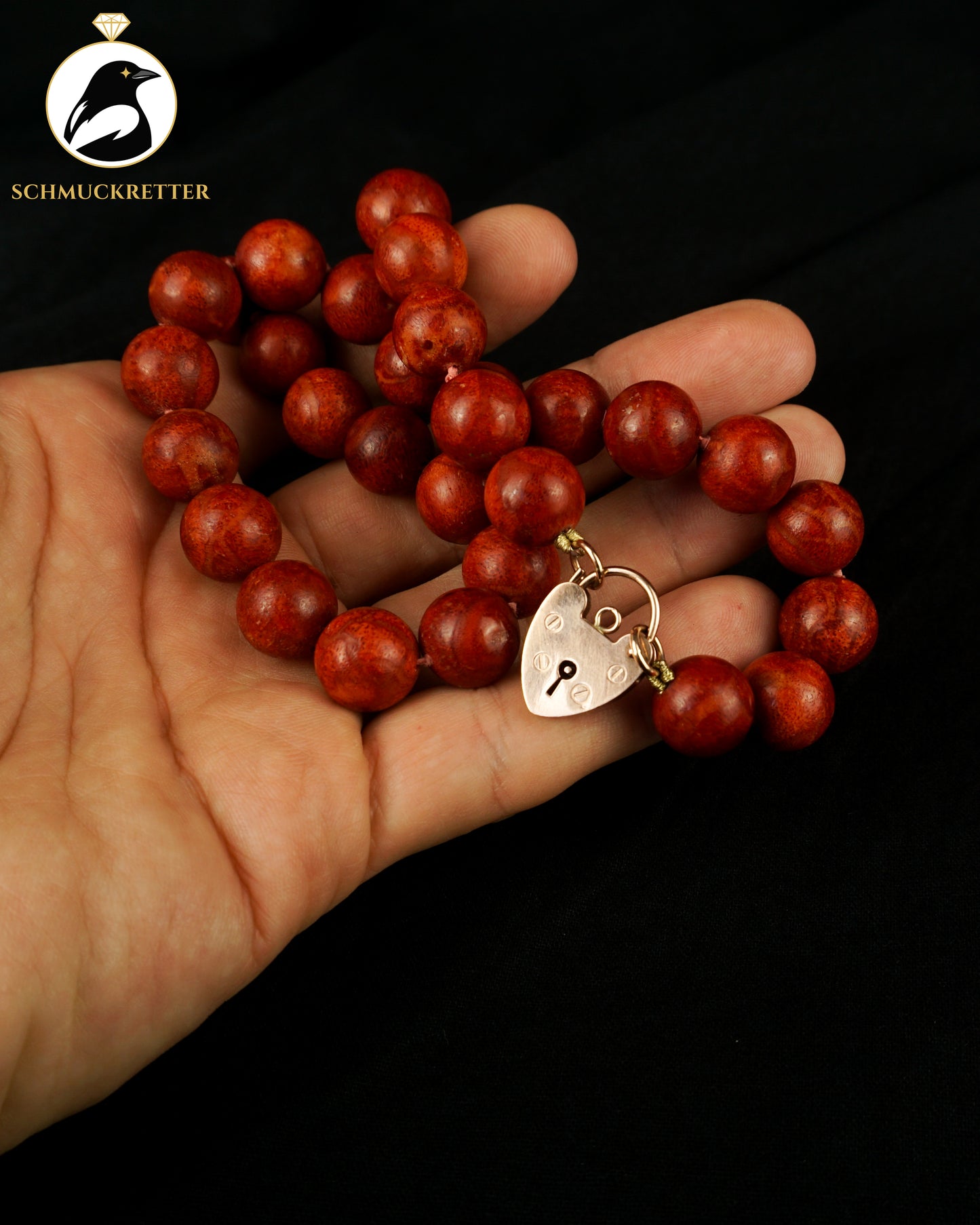 Rotes Korallencollier - 375 Gold Herz-Schloss