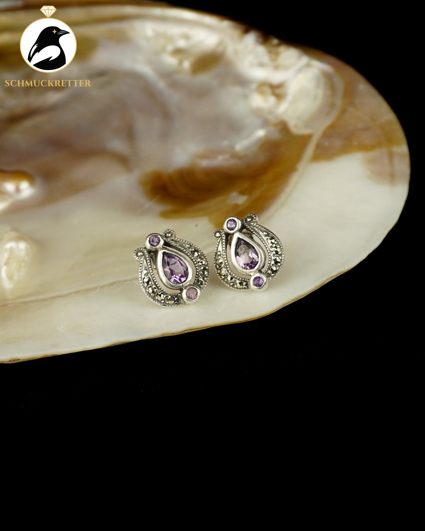 Amethyst Ohrstecker mit Markasiten - gefasst in 925 Silber
