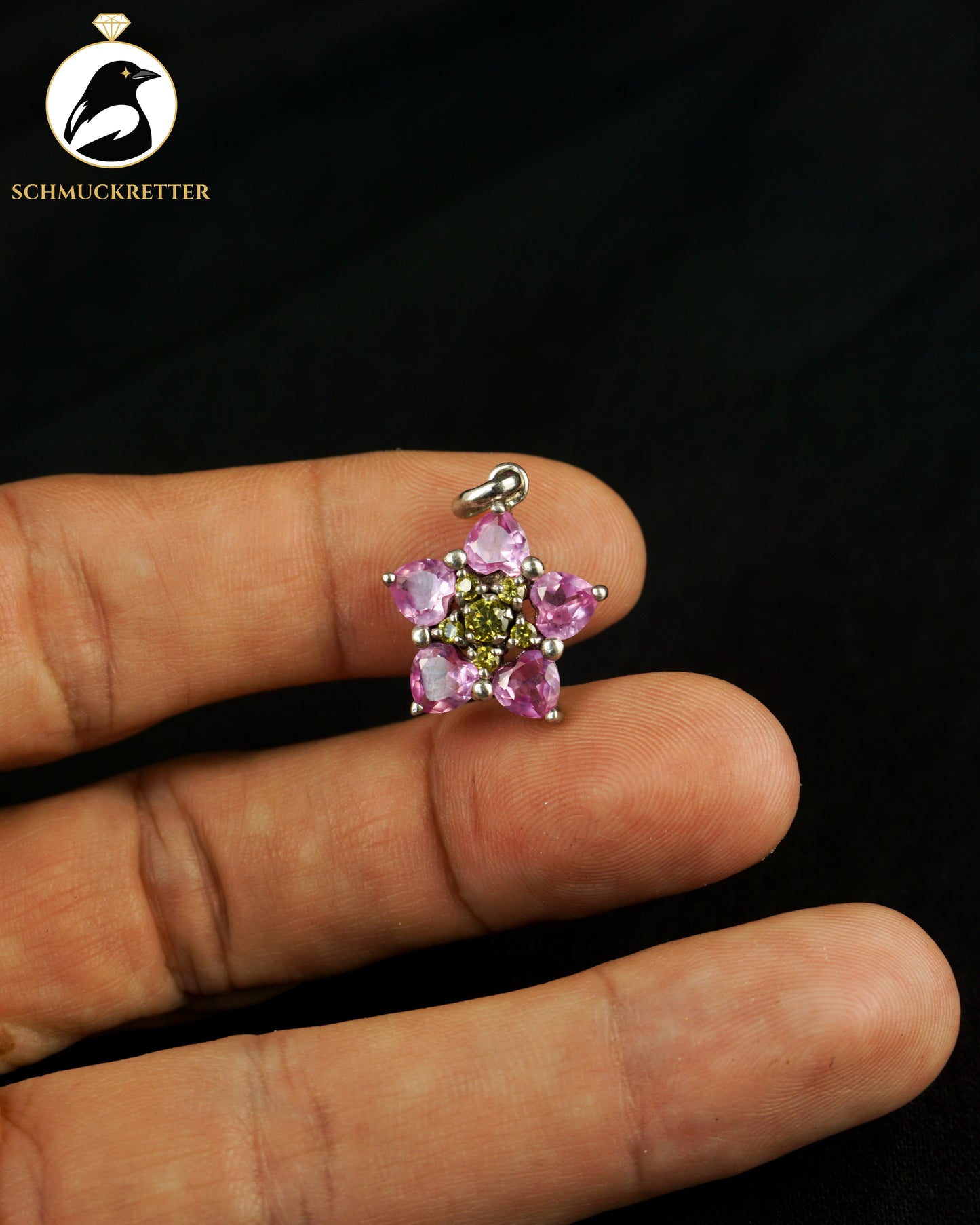 Topasblüte - Anhänger aus 925 Silber mit pinkem Topas und grünen Zirkonia