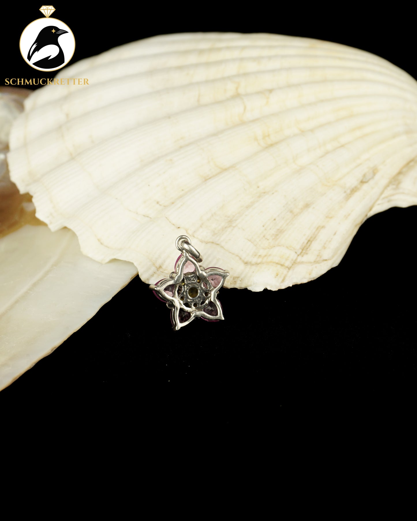 Topasblüte - Anhänger aus 925 Silber mit pinkem Topas und grünen Zirkonia