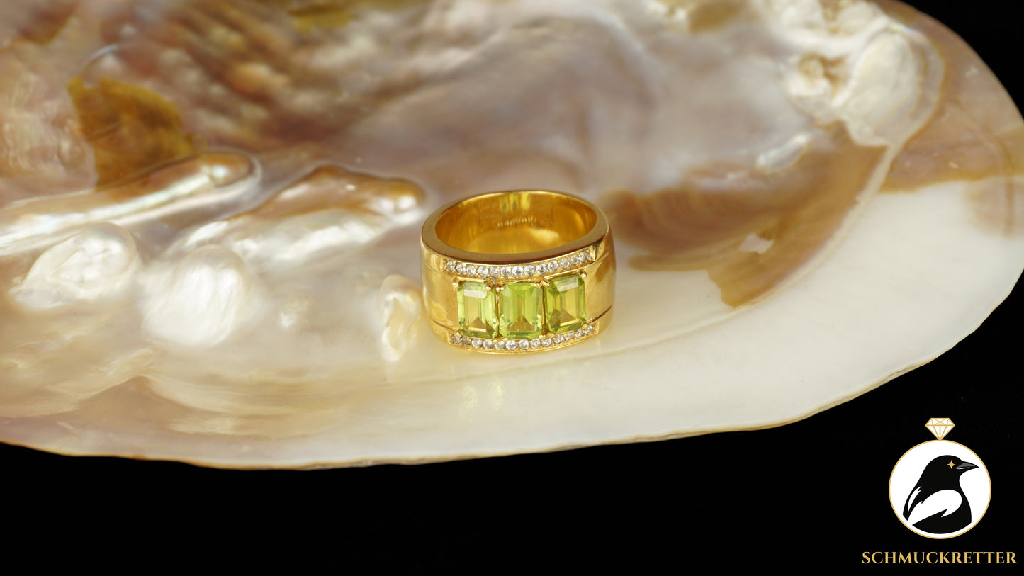 Breiter Ring aus vergoldetem 316 Edelstahl mit Peridot und Zirkonia, Gr. 60