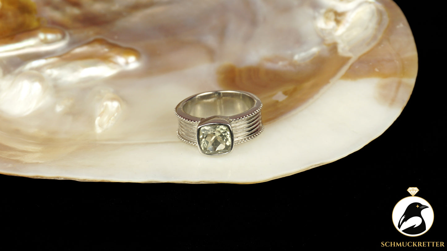 Ring aus 316 Edelstahl mit Prasiolith, Gr. 56
