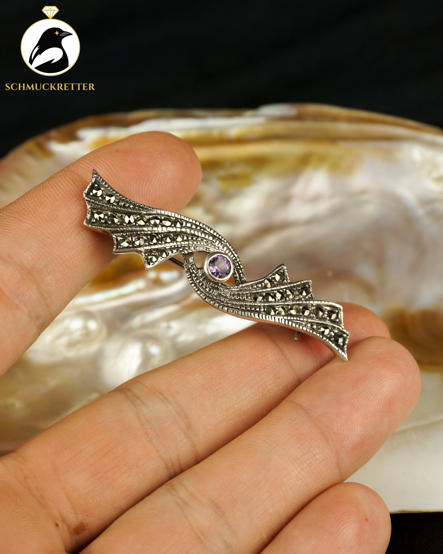 Brosche aus 925 Silber mit Amethyst und Markasiten