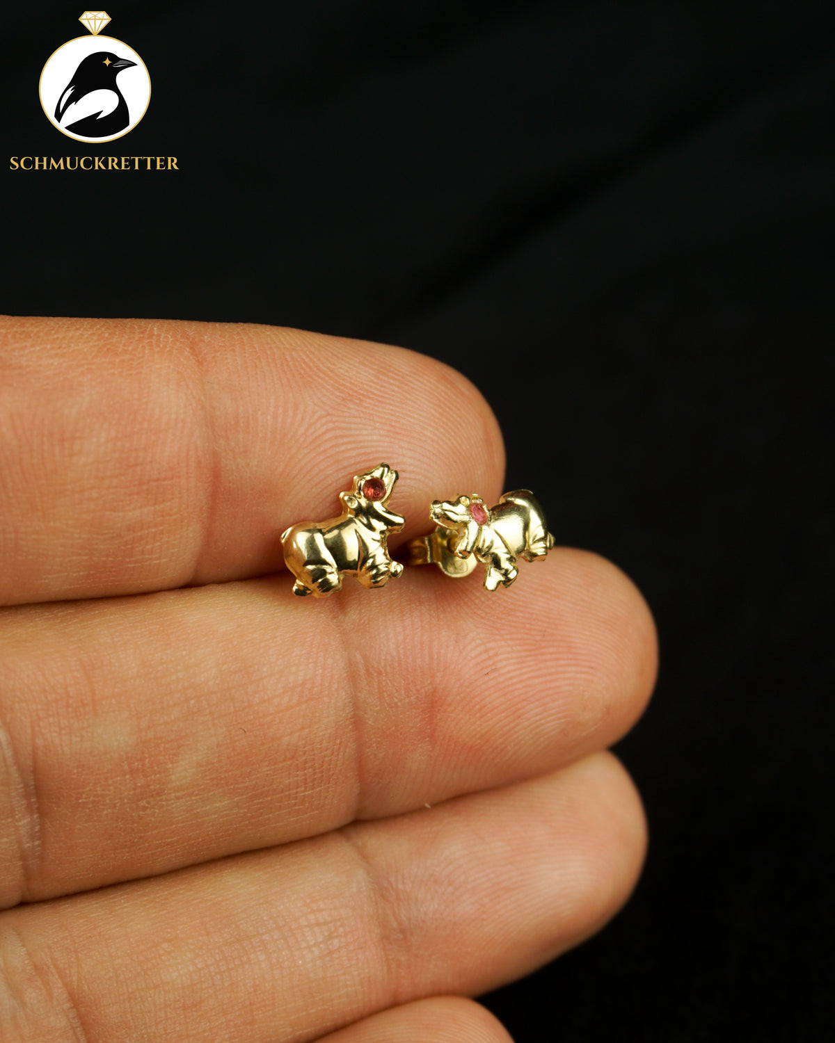 333 Gold Nilpferd-Ohrstecker mit pinkem Zirkonia