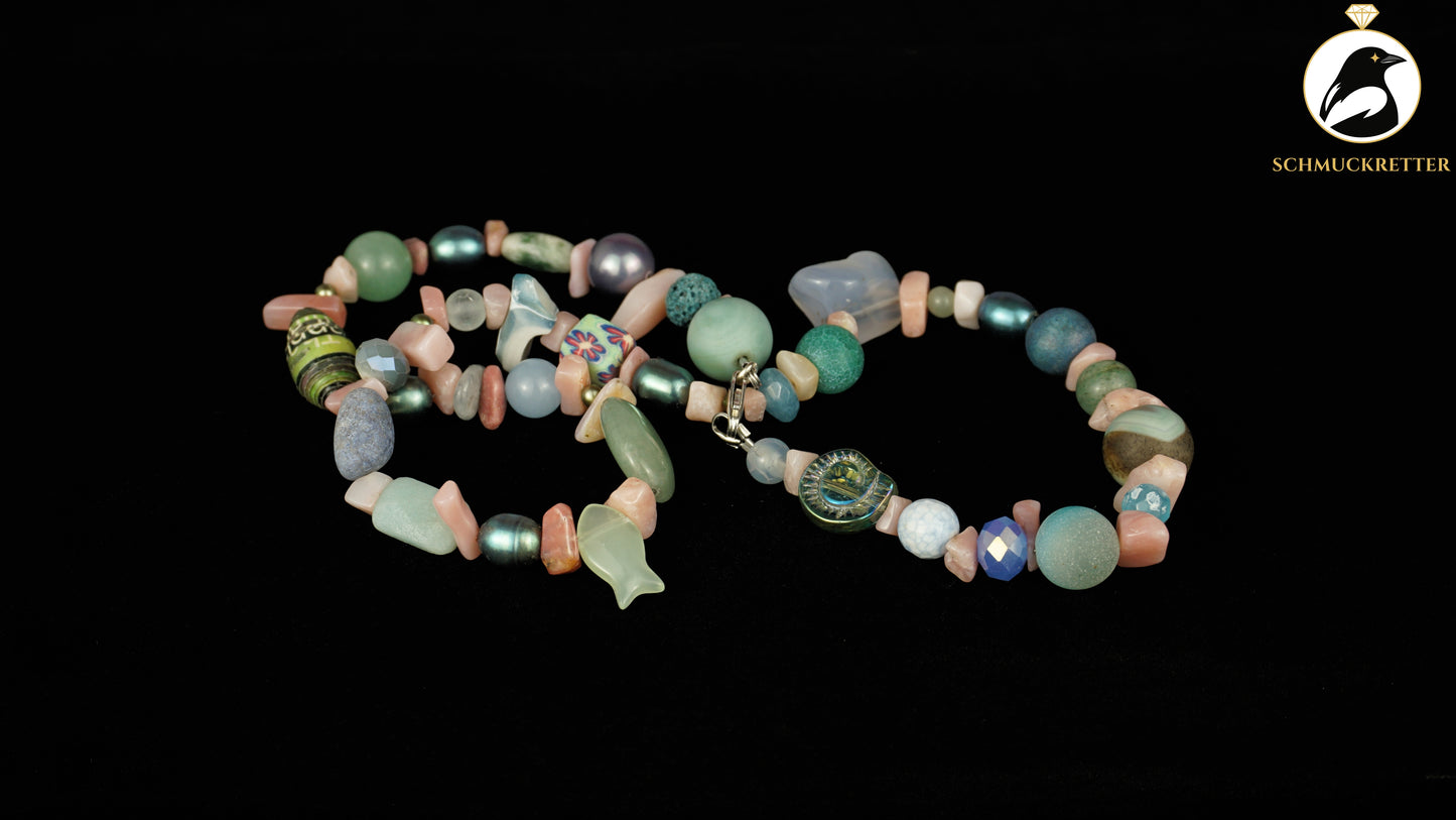 Kette Pastellstrand - Rhodochrosit, Chalcedon & 925 Silber Verschluss