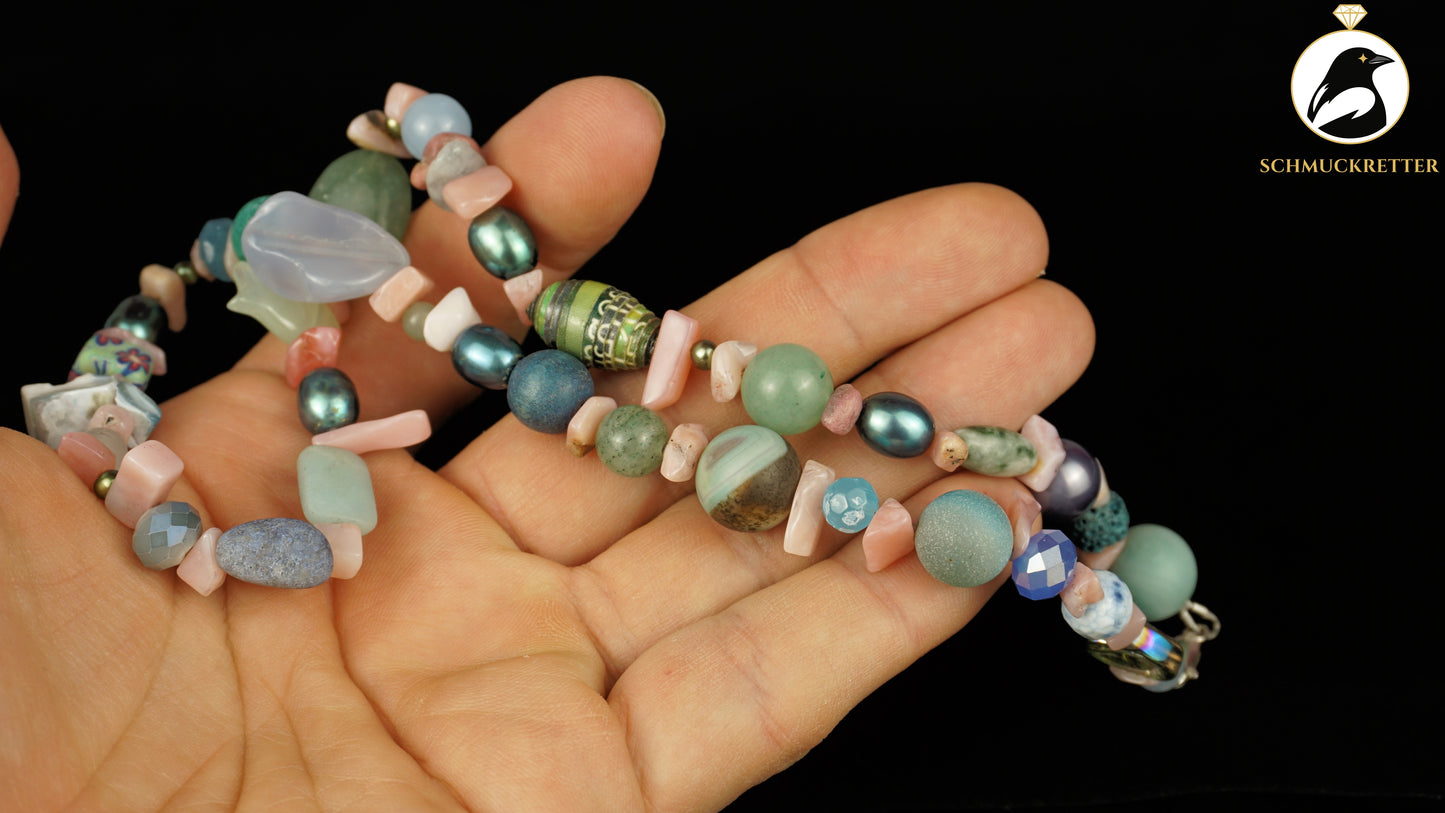 Kette Pastellstrand - Rhodochrosit, Chalcedon & 925 Silber Verschluss