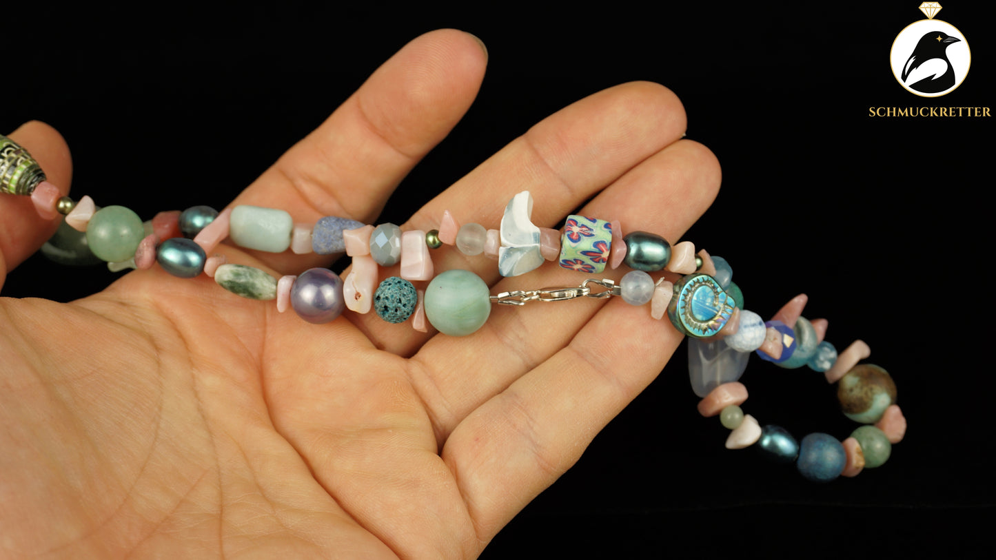 Kette Pastellstrand - Rhodochrosit, Chalcedon & 925 Silber Verschluss