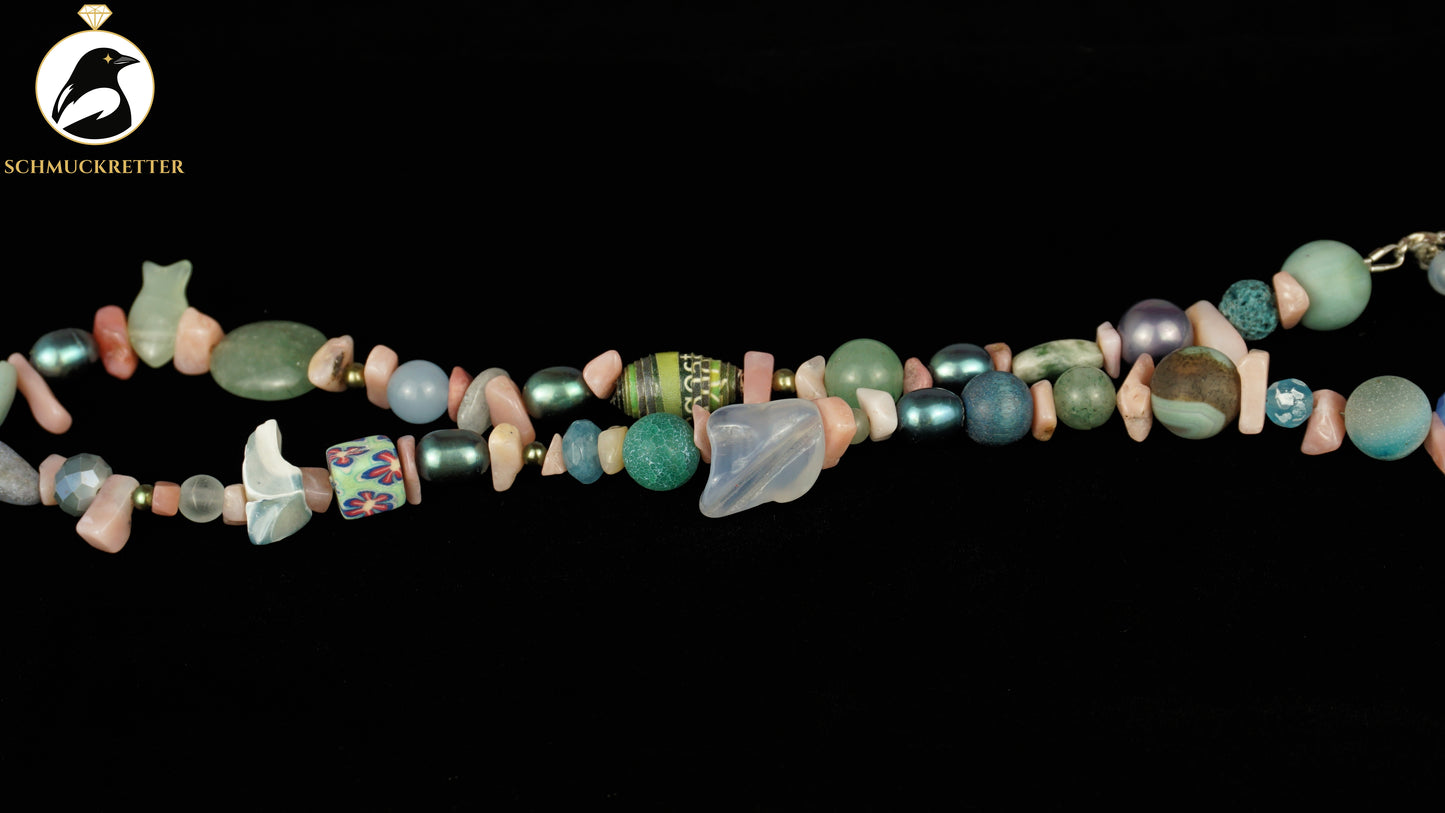 Kette Pastellstrand - Rhodochrosit, Chalcedon & 925 Silber Verschluss