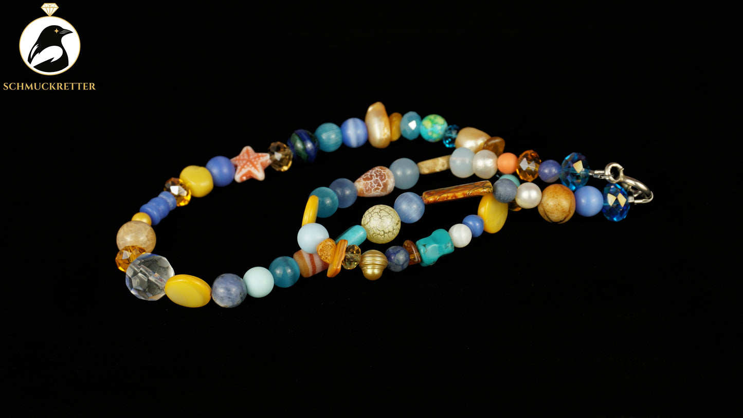 Kette Sommerurlaub - Bernstein, Perlen, blauer Achat & 925 Silber Verschluss