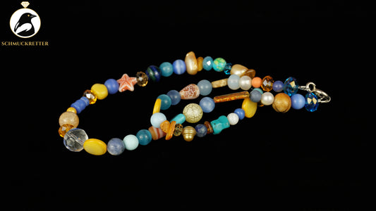 Kette Sommerurlaub - Bernstein, Perlen, blauer Achat & 925 Silber Verschluss