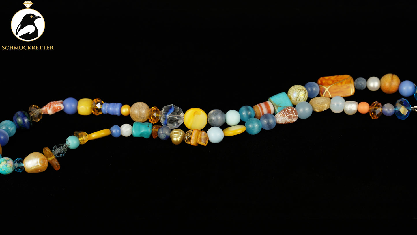 Kette Sommerurlaub - Bernstein, Perlen, blauer Achat & 925 Silber Verschluss