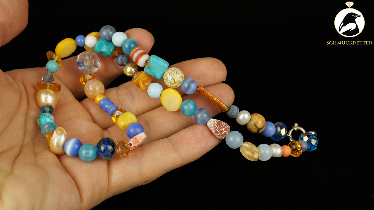 Kette Sommerurlaub - Bernstein, Perlen, blauer Achat & 925 Silber Verschluss