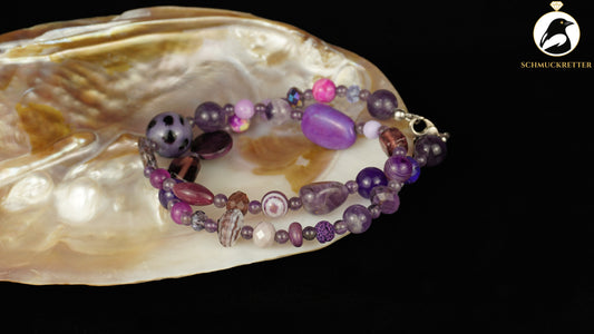 Kette Fliederzauber - Amethyst, Achat, Glasperlen & 925 Silber Verschluss