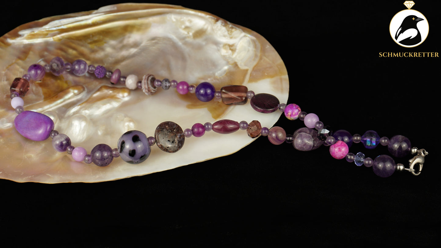Kette Fliederzauber - Amethyst, Achat, Glasperlen & 925 Silber Verschluss
