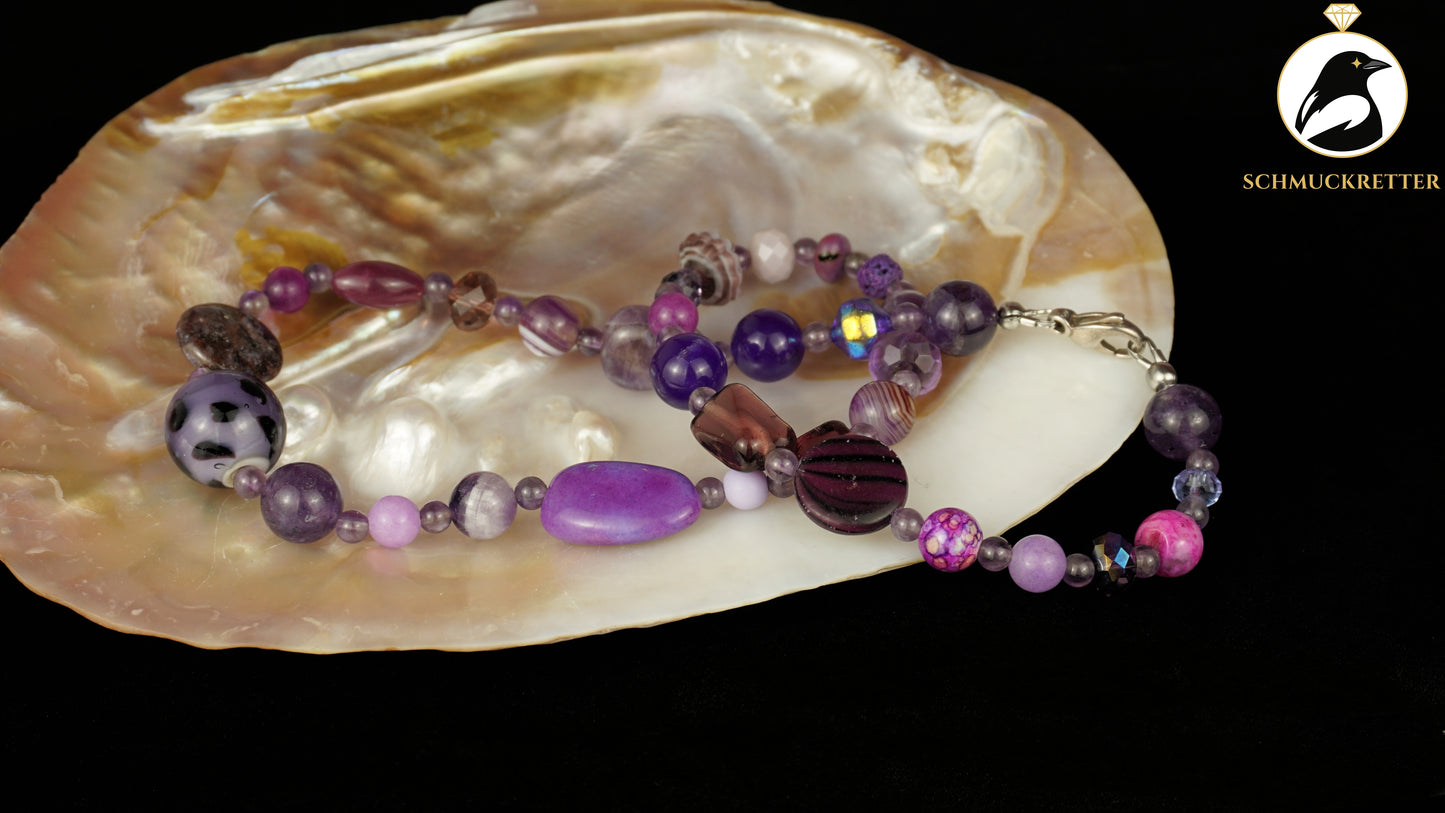Kette Fliederzauber - Amethyst, Achat, Glasperlen & 925 Silber Verschluss