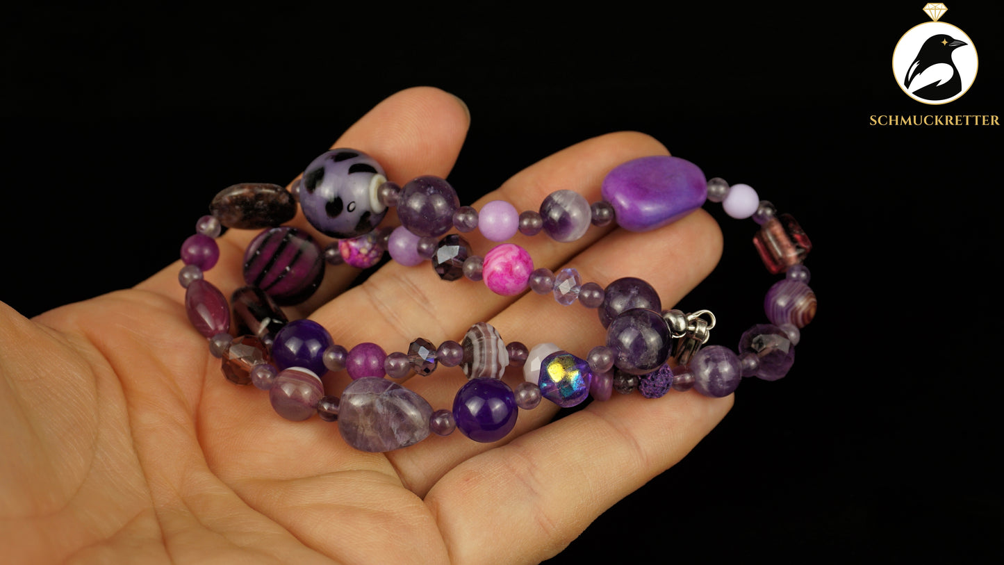 Kette Fliederzauber - Amethyst, Achat, Glasperlen & 925 Silber Verschluss