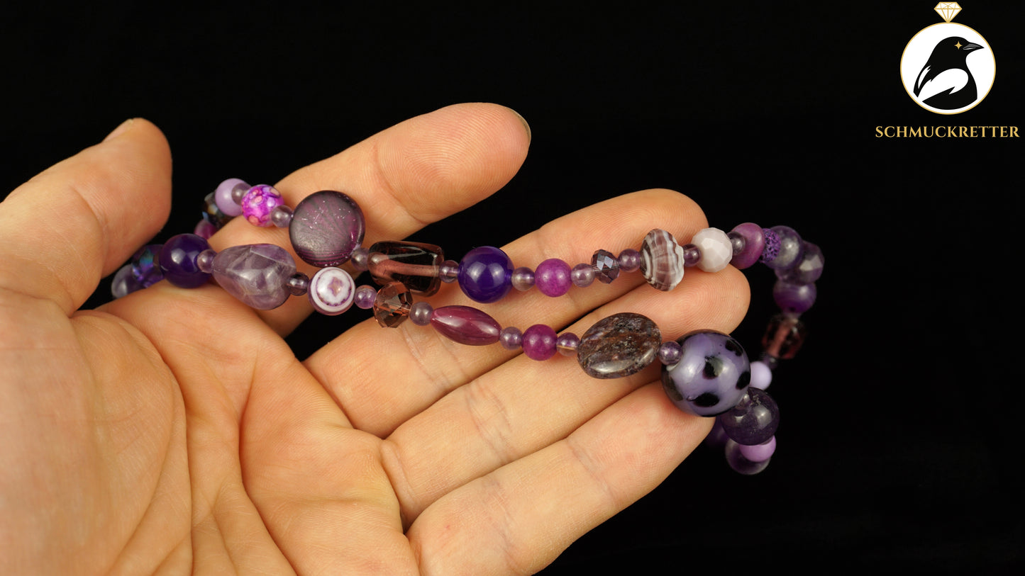 Kette Fliederzauber - Amethyst, Achat, Glasperlen & 925 Silber Verschluss