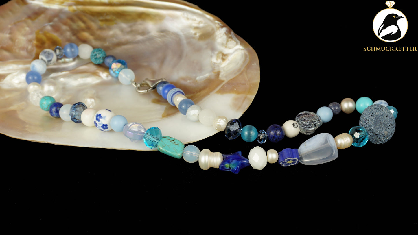 Kette Wintermeer - Chalcedon, Achat, Perlen & 925 Silber Verschluss