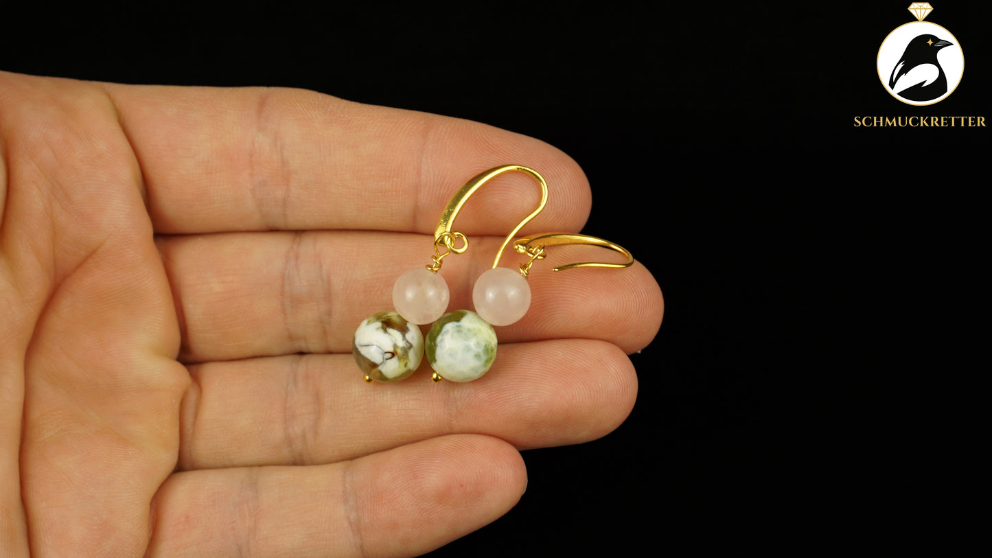 Ohrringe vergoldet mit Rosenquarz & grünem Achat