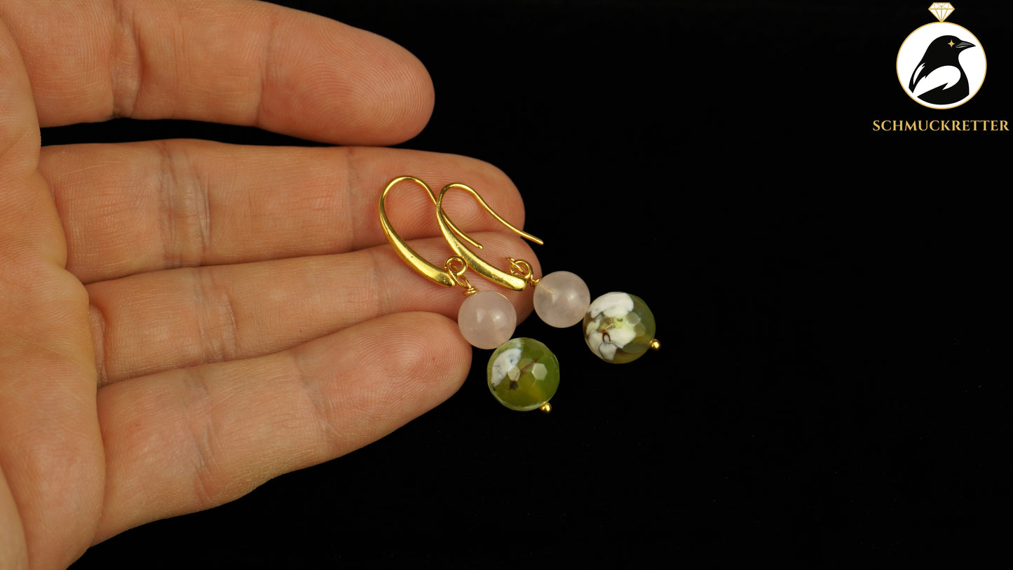 Ohrringe vergoldet mit Rosenquarz & grünem Achat