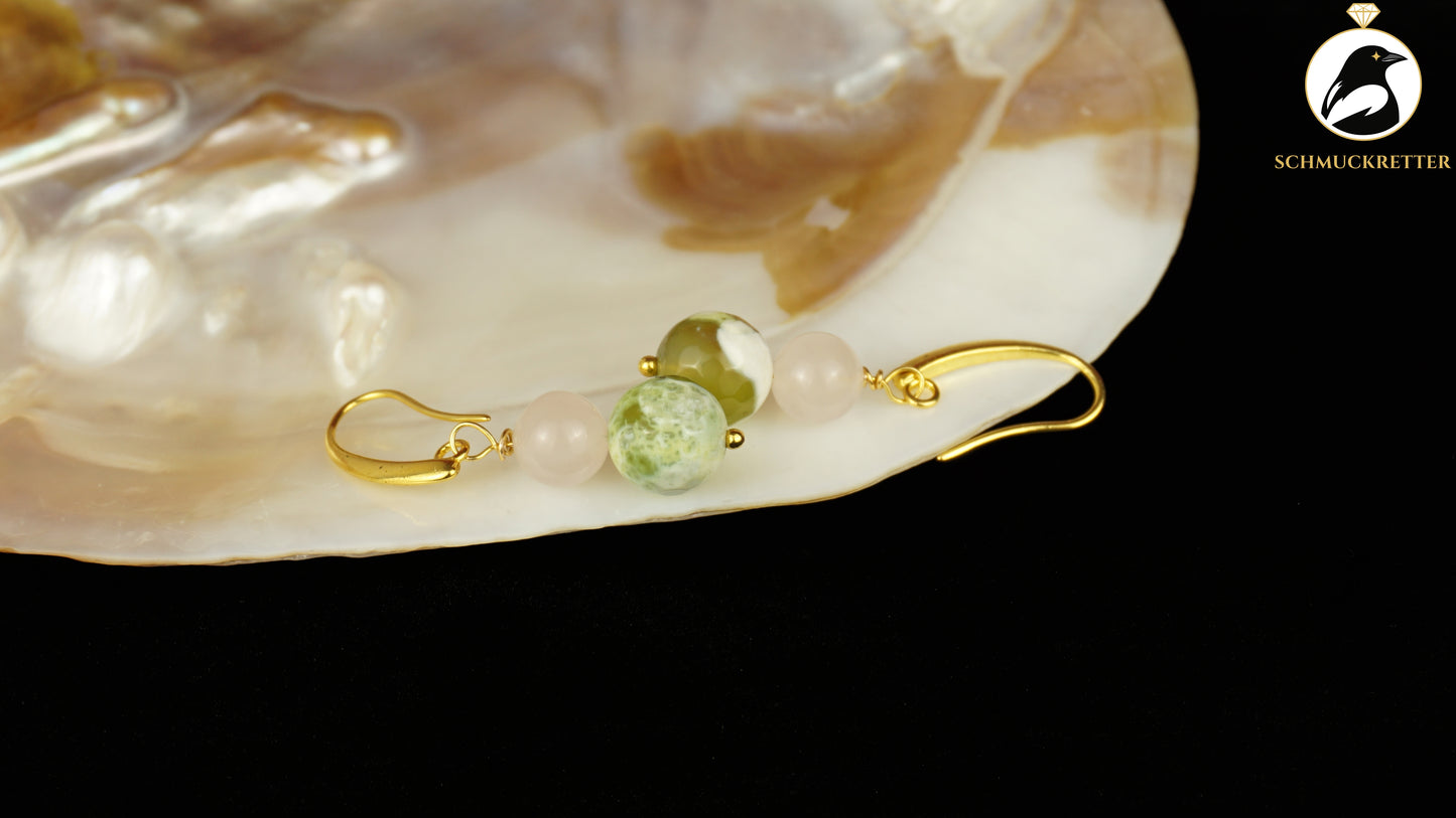 Ohrringe vergoldet mit Rosenquarz & grünem Achat