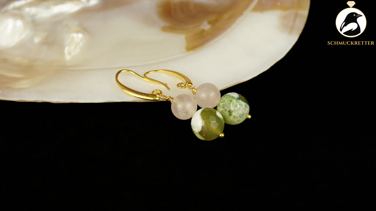 Ohrringe vergoldet mit Rosenquarz & grünem Achat