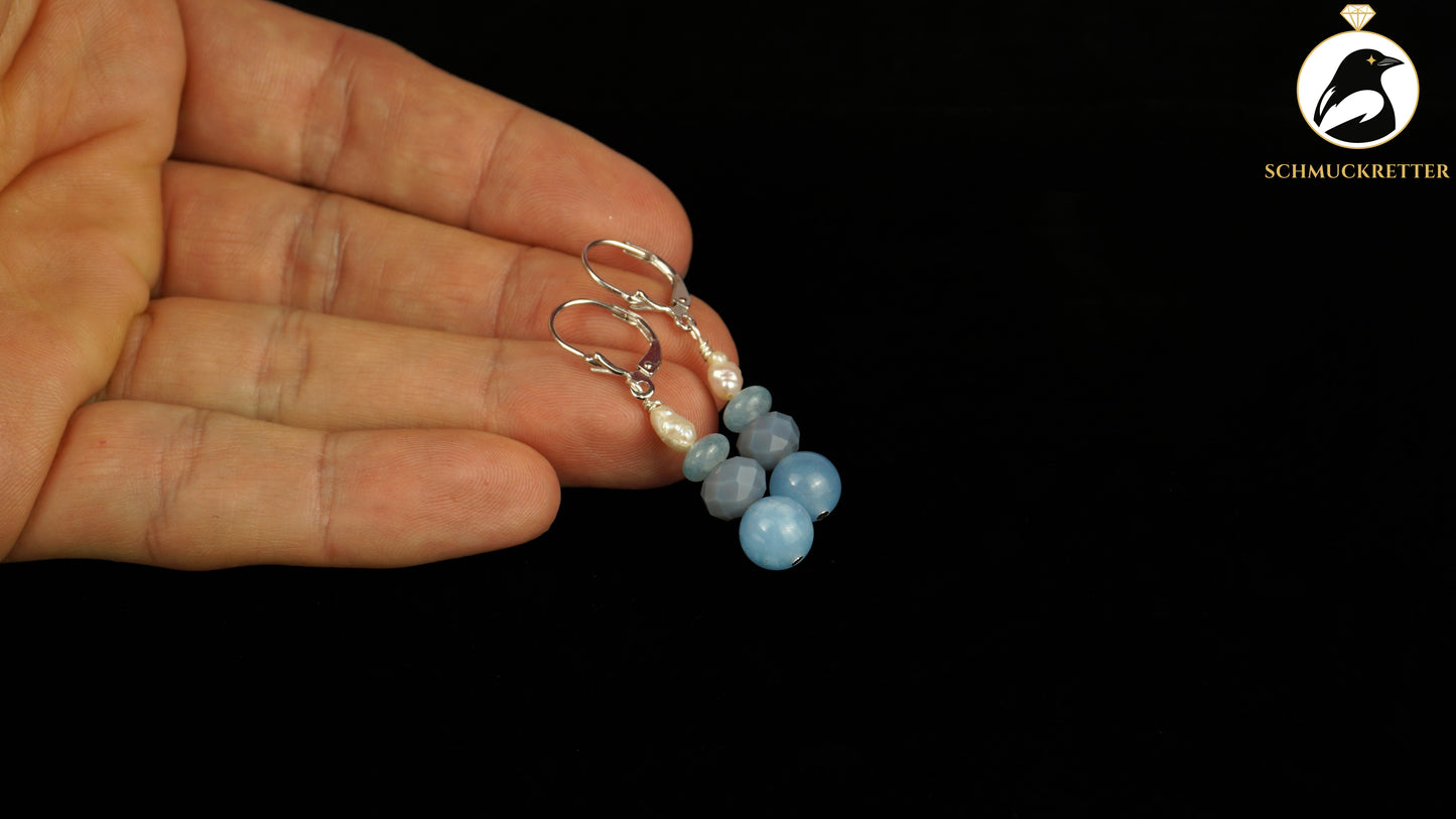 Perlenohrringe mit blauem Achat & Beryll aus 925 Silber