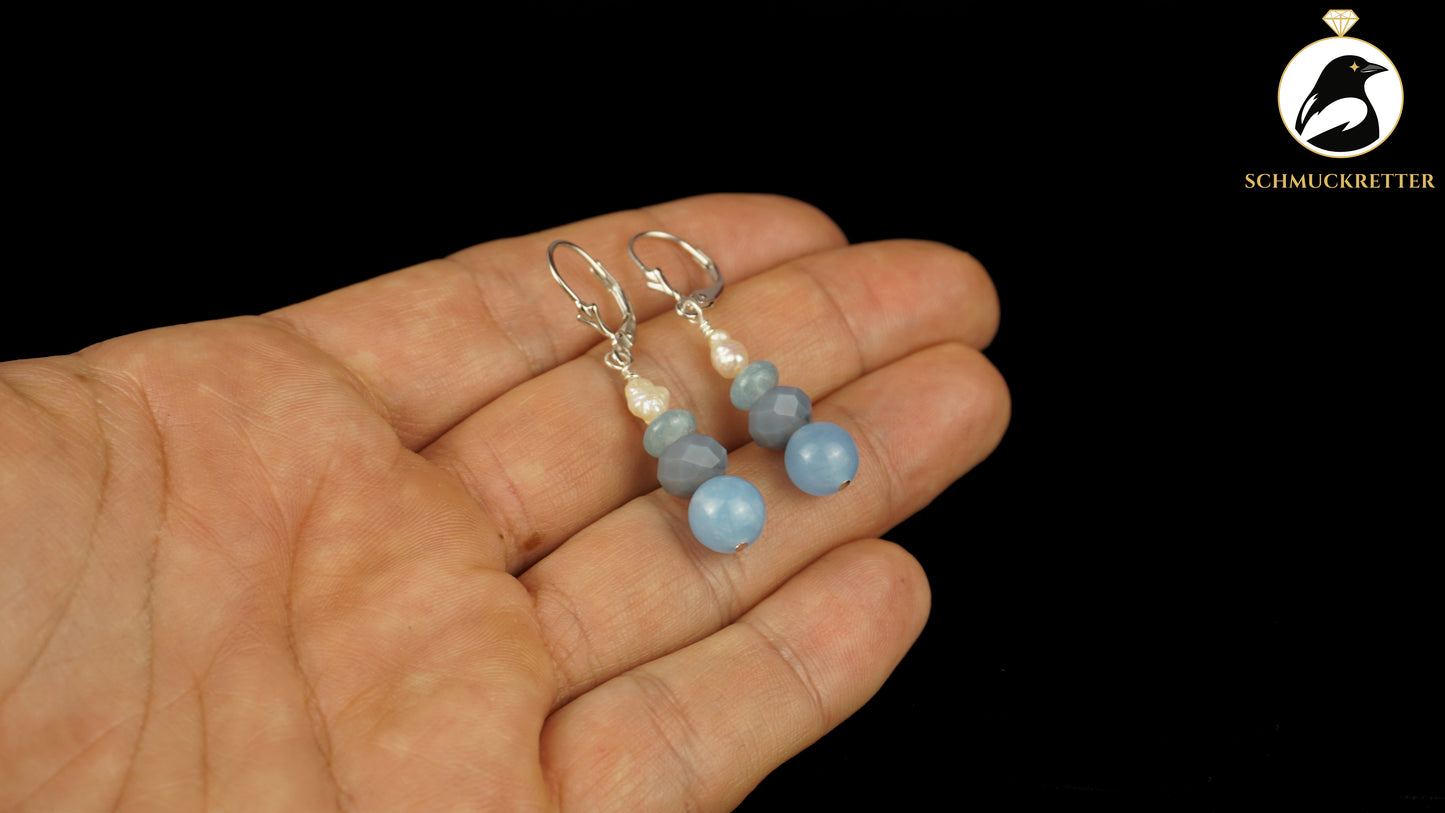Perlenohrringe mit blauem Achat & Beryll aus 925 Silber