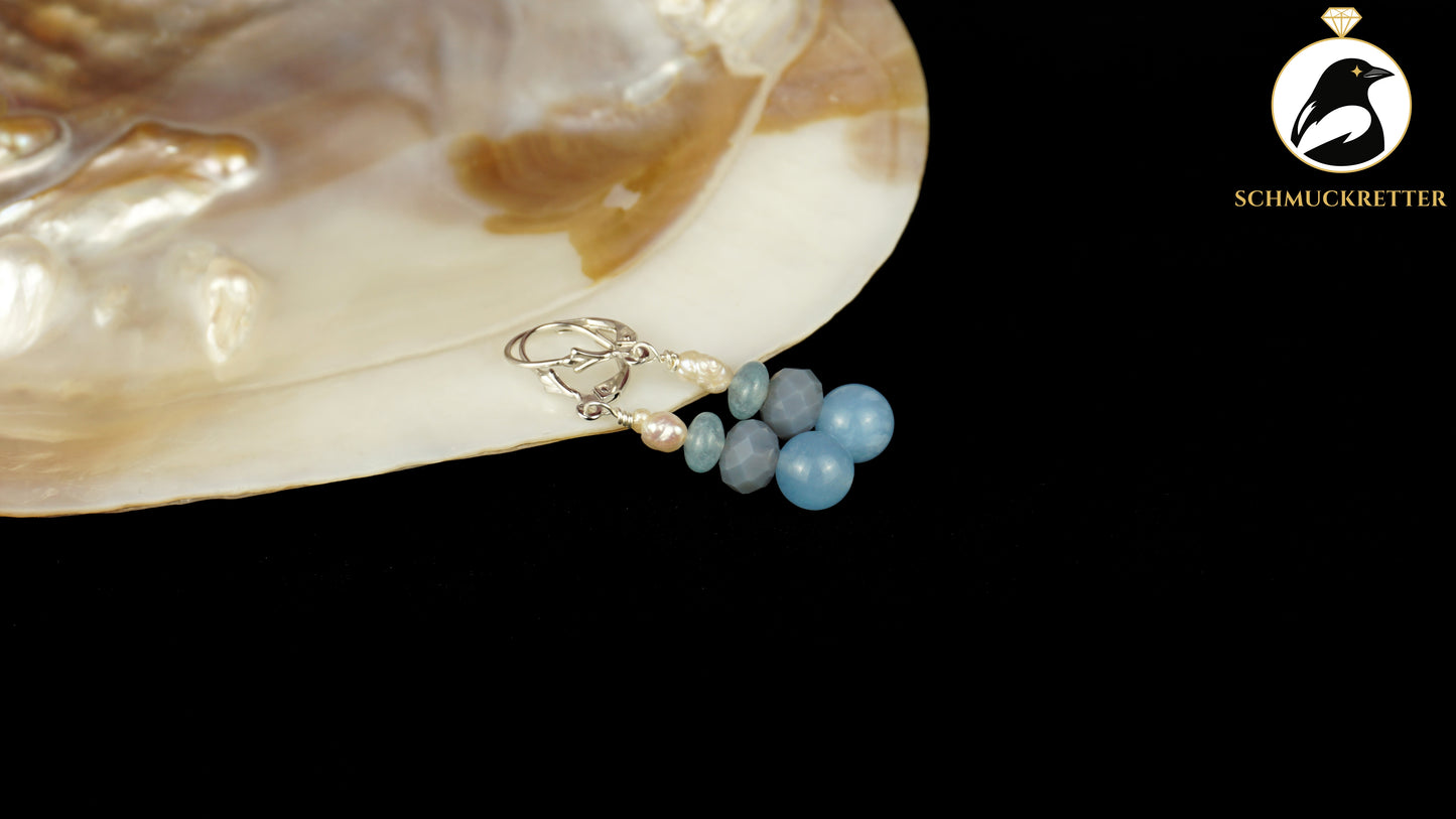 Perlenohrringe mit blauem Achat & Beryll aus 925 Silber