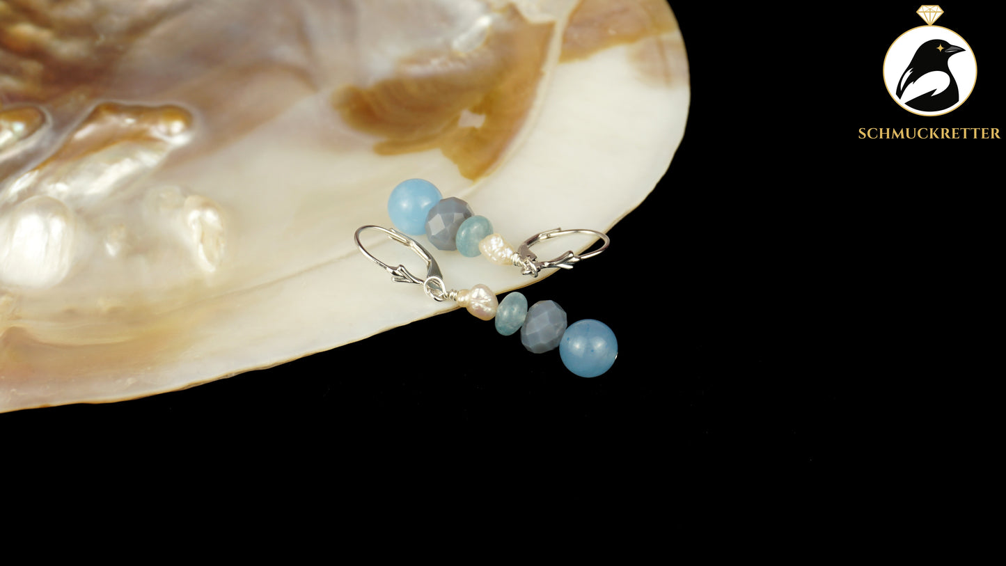 Perlenohrringe mit blauem Achat & Beryll aus 925 Silber